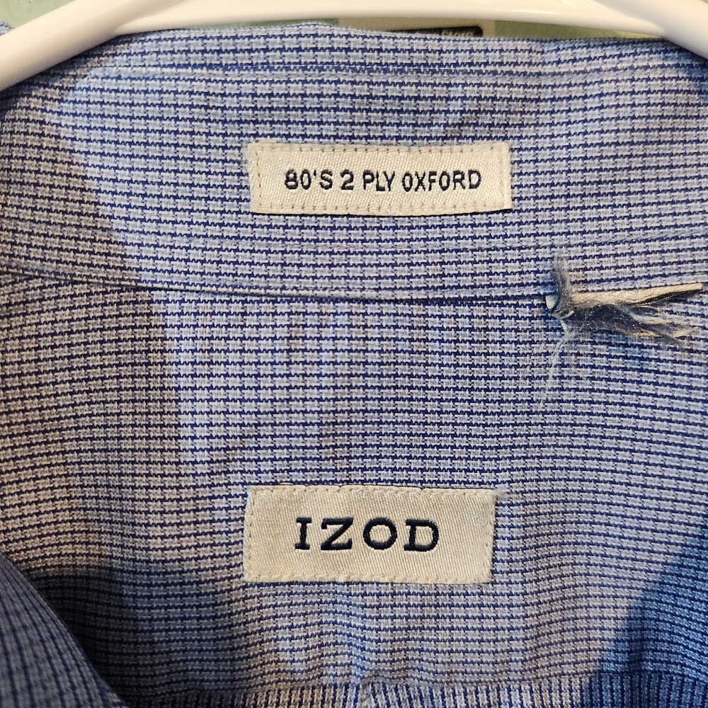 IZOD Button Up Shirt Mens large Blue White Plaid Houndstooth Long Sleeve Preppy - Picture 6 of 7